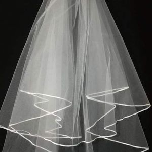 New White Wedding Veil,2 Tier Ribbon Edge Center Cascade Bridal Veil with Comb